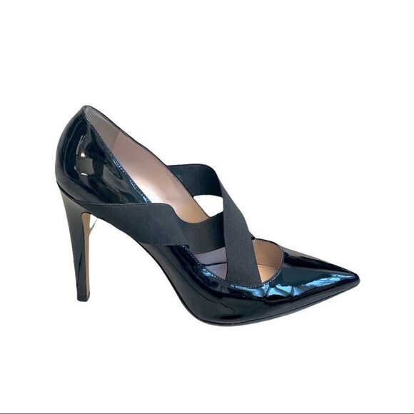ERIKA CAVALLINI Italy Black Patent Leather Pointy Toe Heels Pumps Cross Strap 38 - Picture 2 of 11
